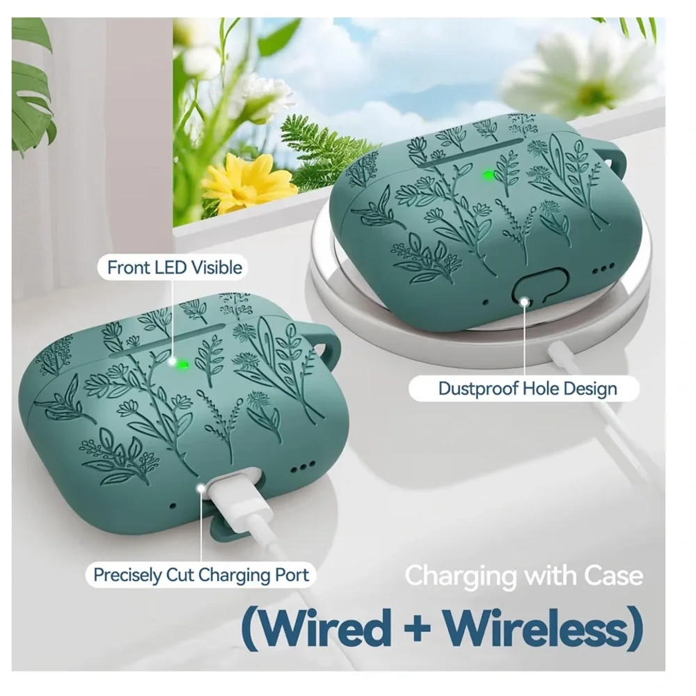 BRAND NEW Green Floral Silicone Case for AirPods Pro 2nd/1st Gen & Cleaning Tool